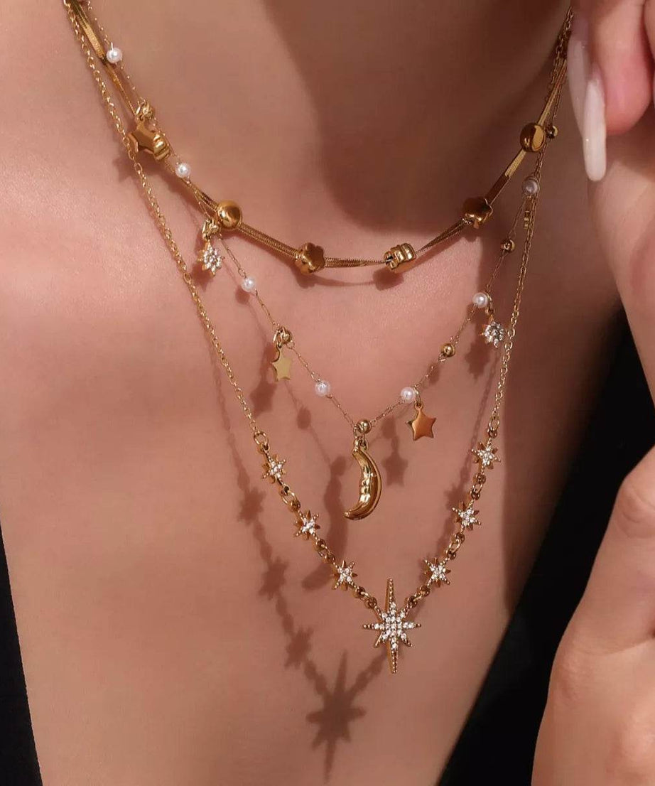 18K Gold-Plated Stainless Steel Zircon Star Moon Necklace - ELY VESSA LLC