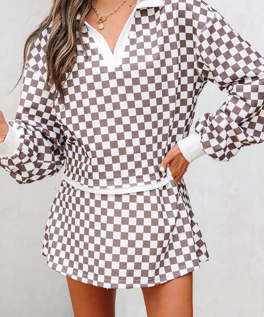 Checkered Print Polo Collar Cropped Long Sleeve Top and Drawstring Mini Skirt Set - ELY VESSA LLC