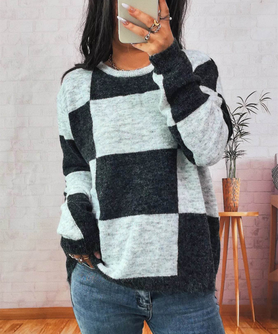 Color Block Round Neck Sweater - ELY VESSA LLC