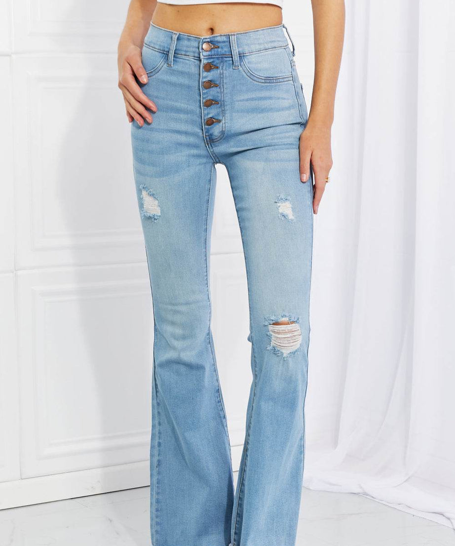 Vibrant MIU Full Size Jess Button Flare Jeans - ELY VESSA LLC