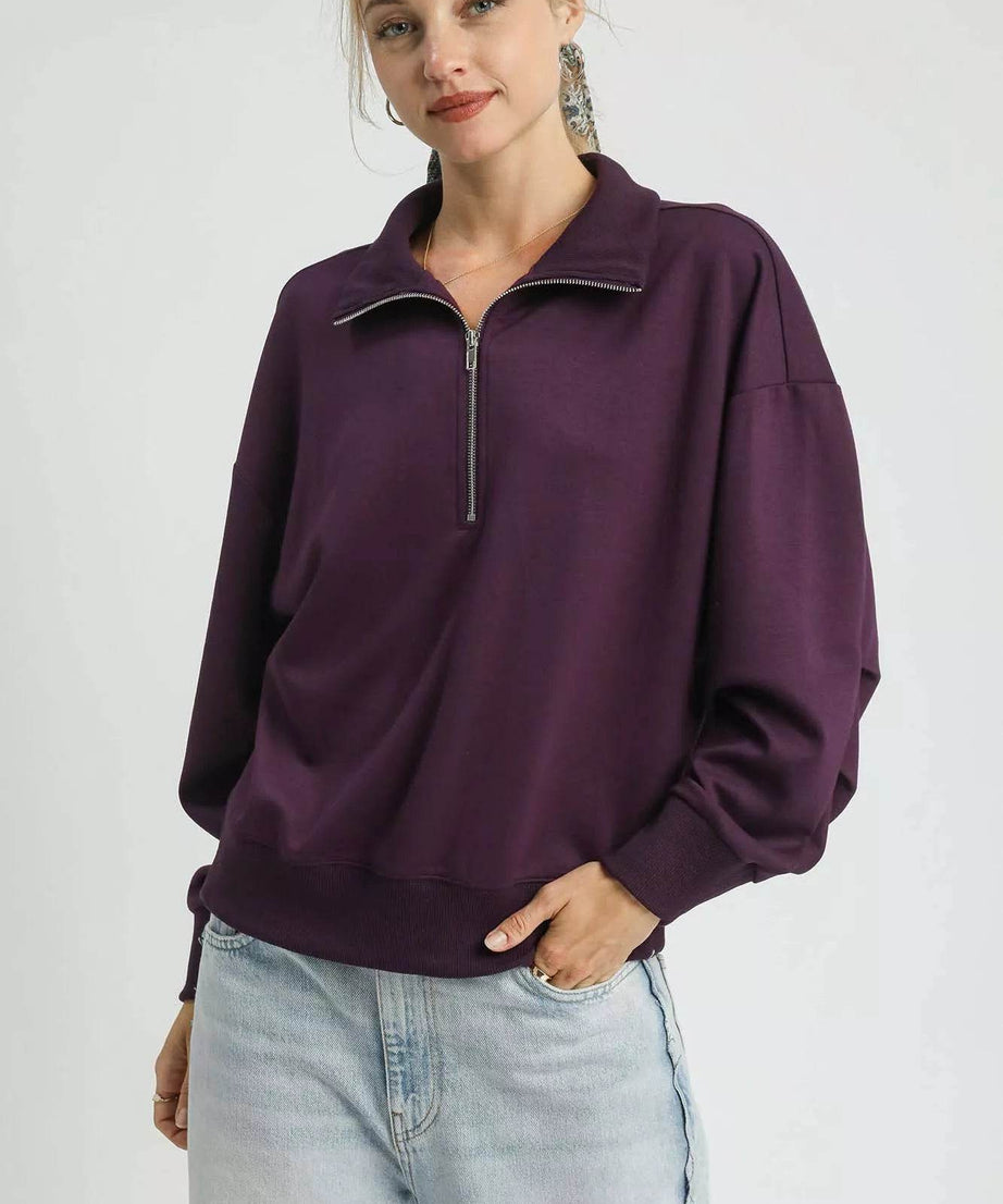 Umgee Half Zip Drop Shoulder Sweatshirt - ELY VESSA LLC