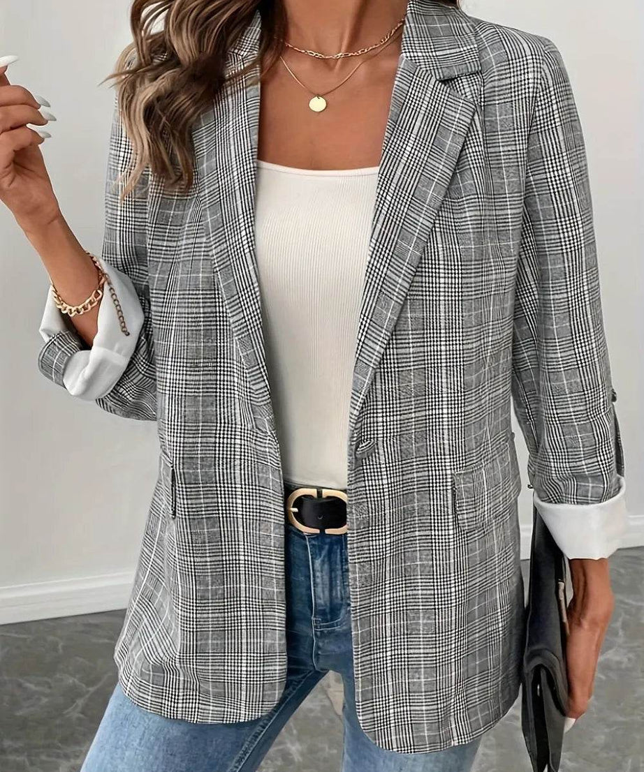 Single-Breasted Lapel Collar Plaid Blazer - ELY VESSA LLC