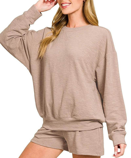 Zenana Slub Long Sleeve Top and Shorts Set - ELY VESSA LLC