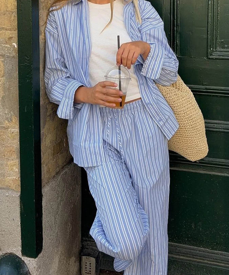 Striped Button Up Shirt and Pants Set - ELY VESSA LLC
