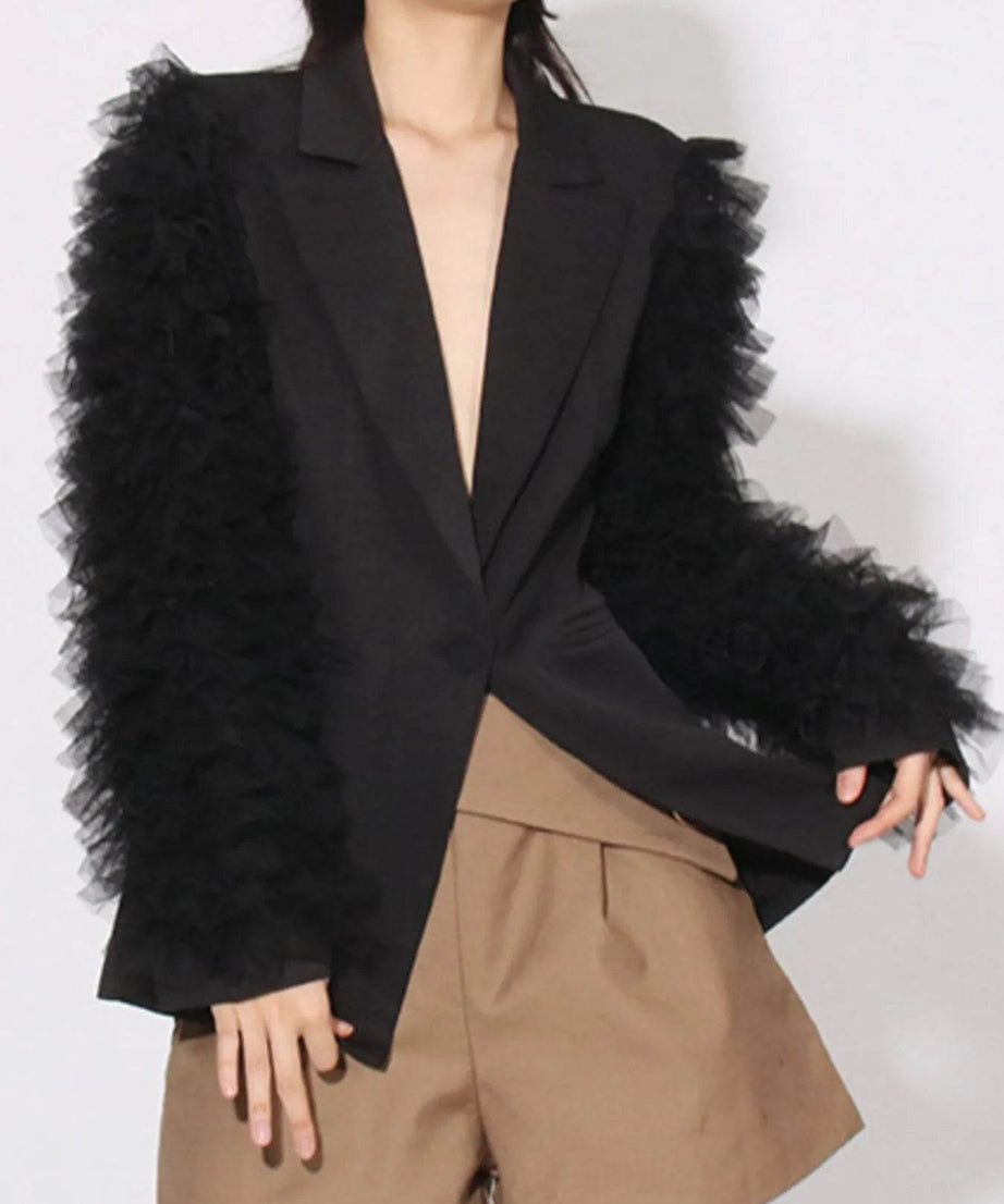 One Button Mesh Long Sleeve Blazer - ELY VESSA LLC