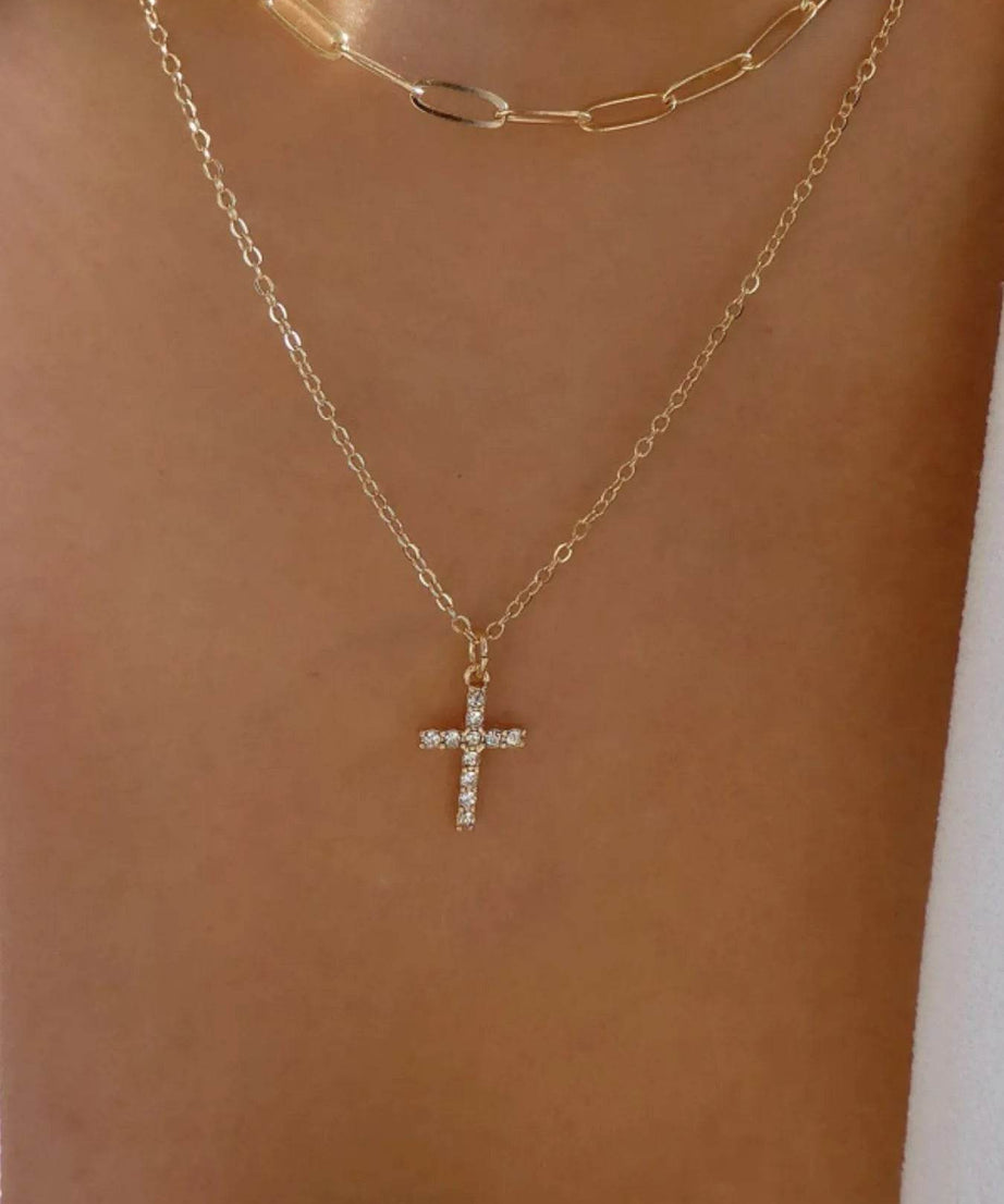 Double Layered Inlaid Zircon Cross Pendant Necklace - ELY VESSA LLC