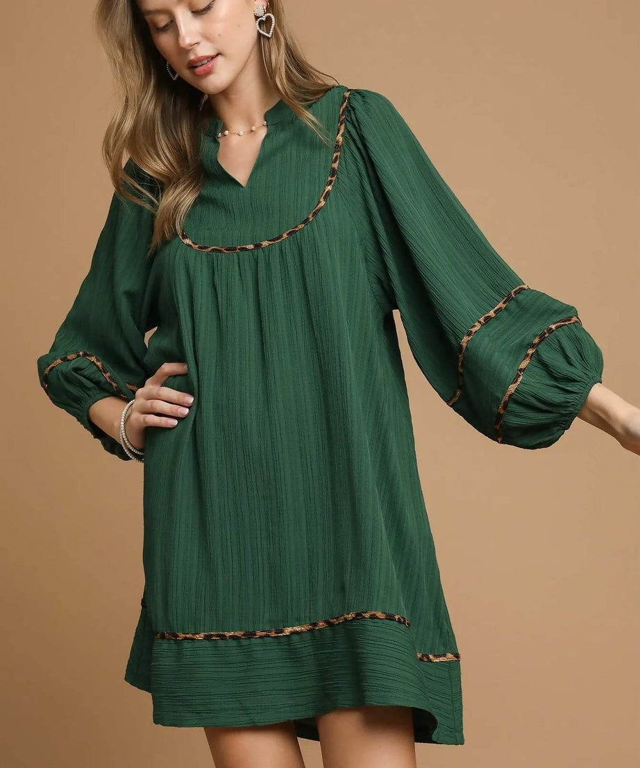 Umgee Textured Babydoll Dress with Leopard Trim - ELY VESSA LLC