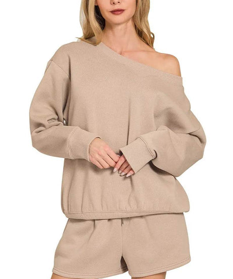 Zenana Fleece Boat Neck Sweatshirt and Shorts Set - ELY VESSA LLC