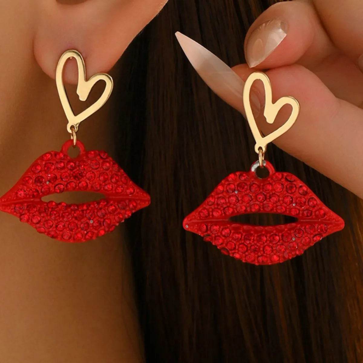 18K Gold-Plated Rhinestone Lips Heart Dangle Earrings - ELY VESSA LLC