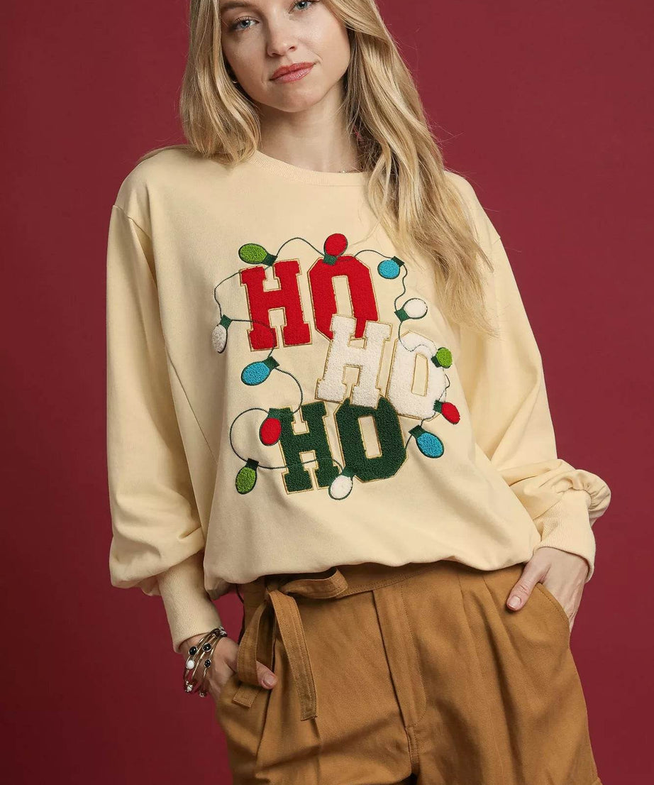 Umgee HO Applique French Terry Sweatshirt - ELY VESSA LLC