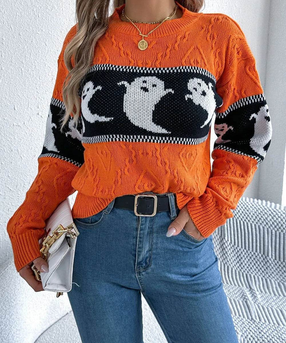 Ghost Round Neck Long Sleeve Sweater - ELY VESSA LLC