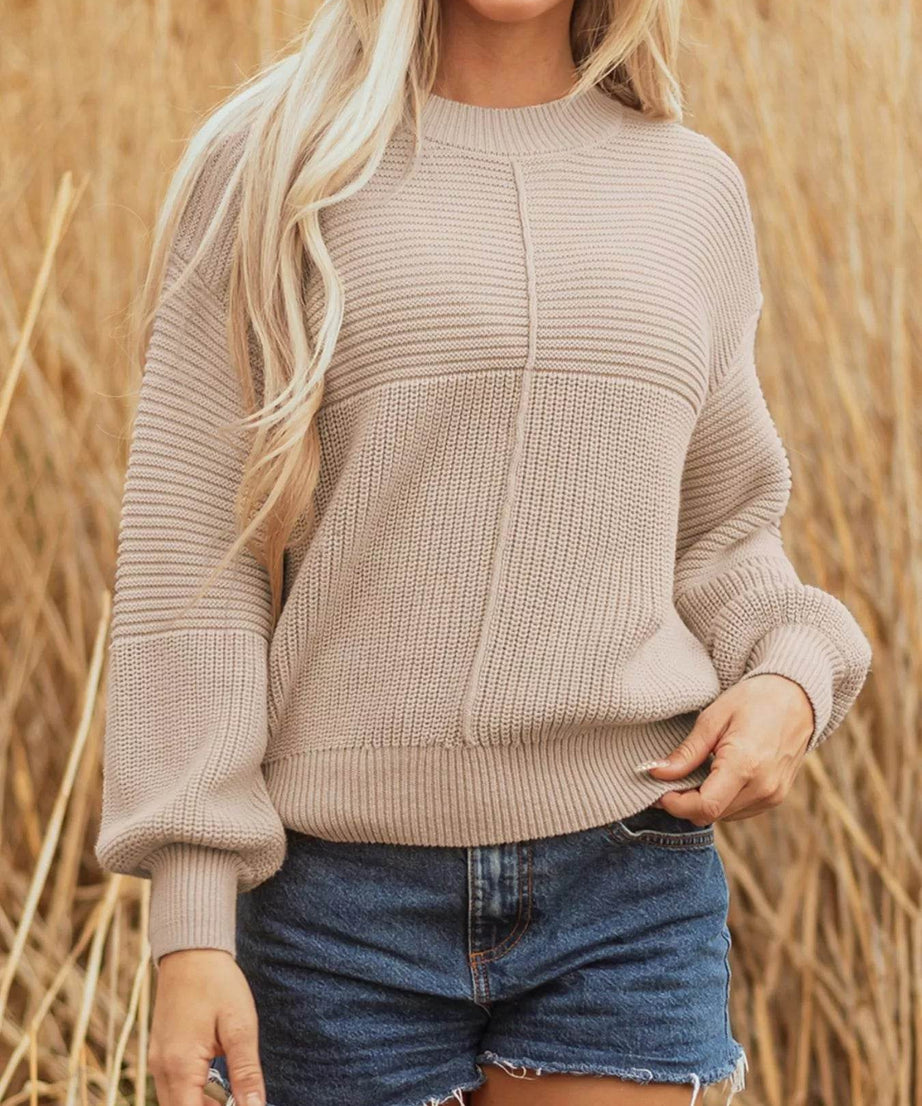 Texture Knitted Dropped Shoulder Sweater - ELY VESSA LLC