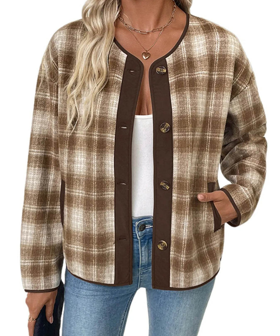 Plaid Long Sleeve Button-Up Jacket - ELY VESSA LLC