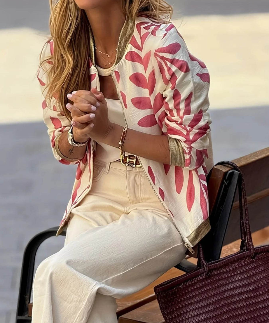 Printed Zip Up Long Sleeve Jacket - ELY VESSA LLC