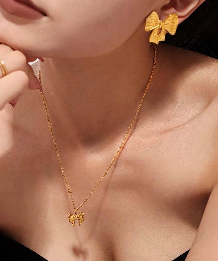 18K Gold-Plated Stainless Steel Bow Earrings and Necklace Set - ELY VESSA LLC