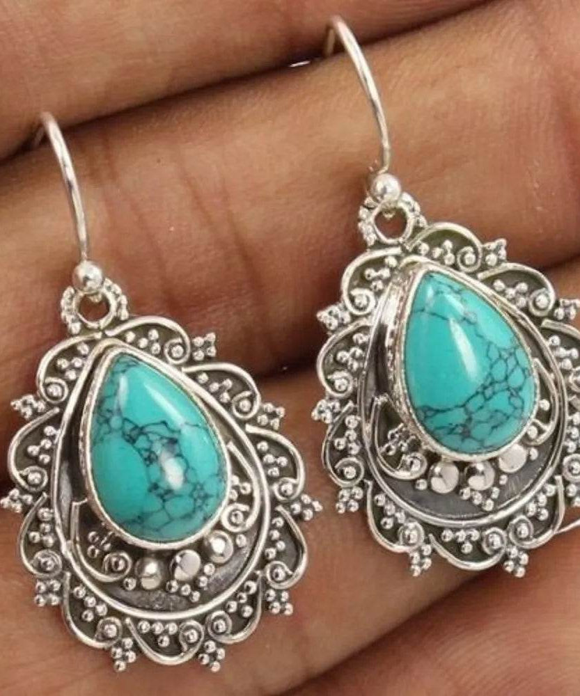 Artificial Turquoise Alloy Teardrop Dangle Earrings - ELY VESSA LLC