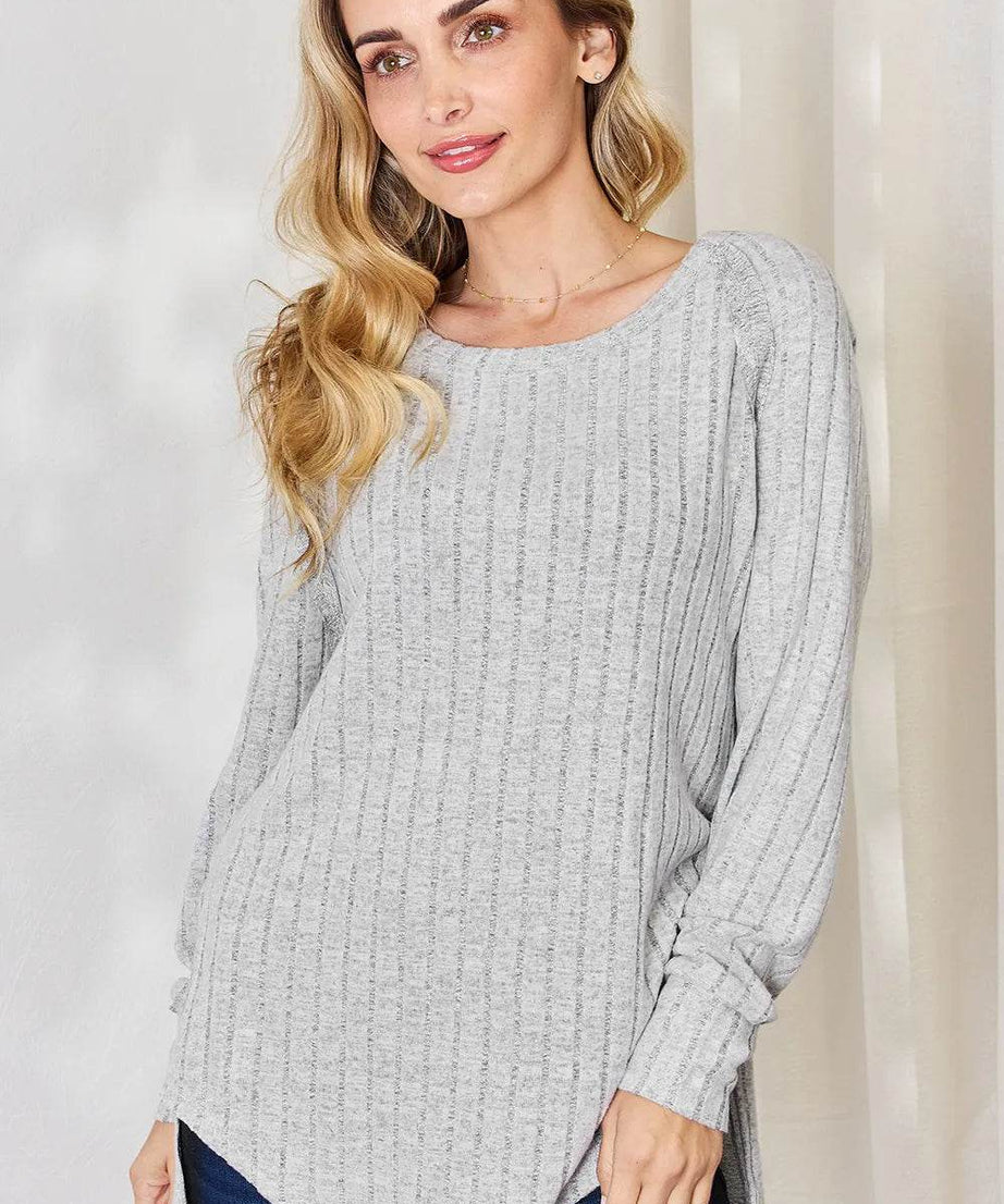 Basic Bae Full Size Ribbed Round Neck Slit T-Shirt - ELY VESSA LLC