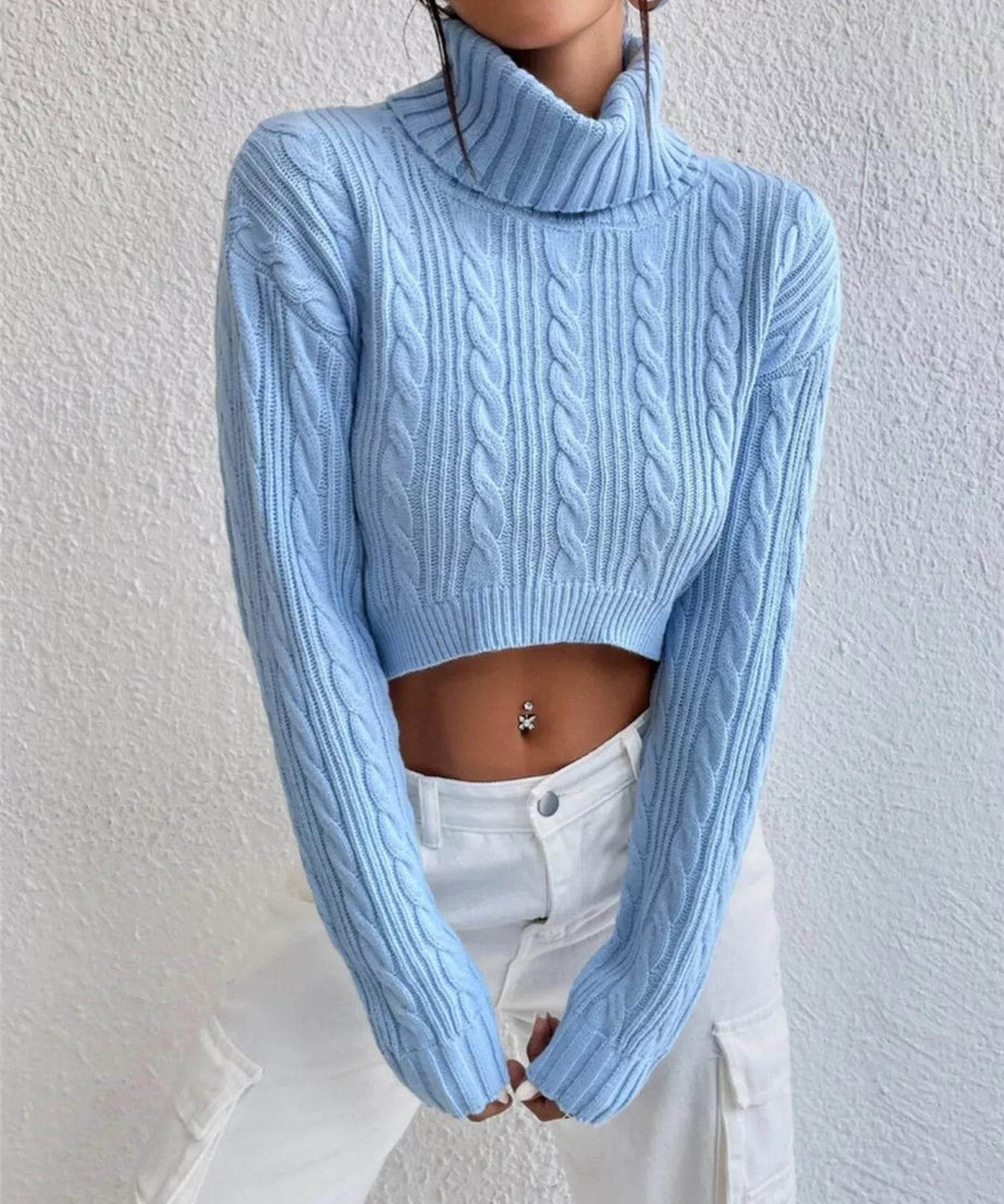 Cable-Knit Turtleneck Long Sleeve Sweater - ELY VESSA LLC
