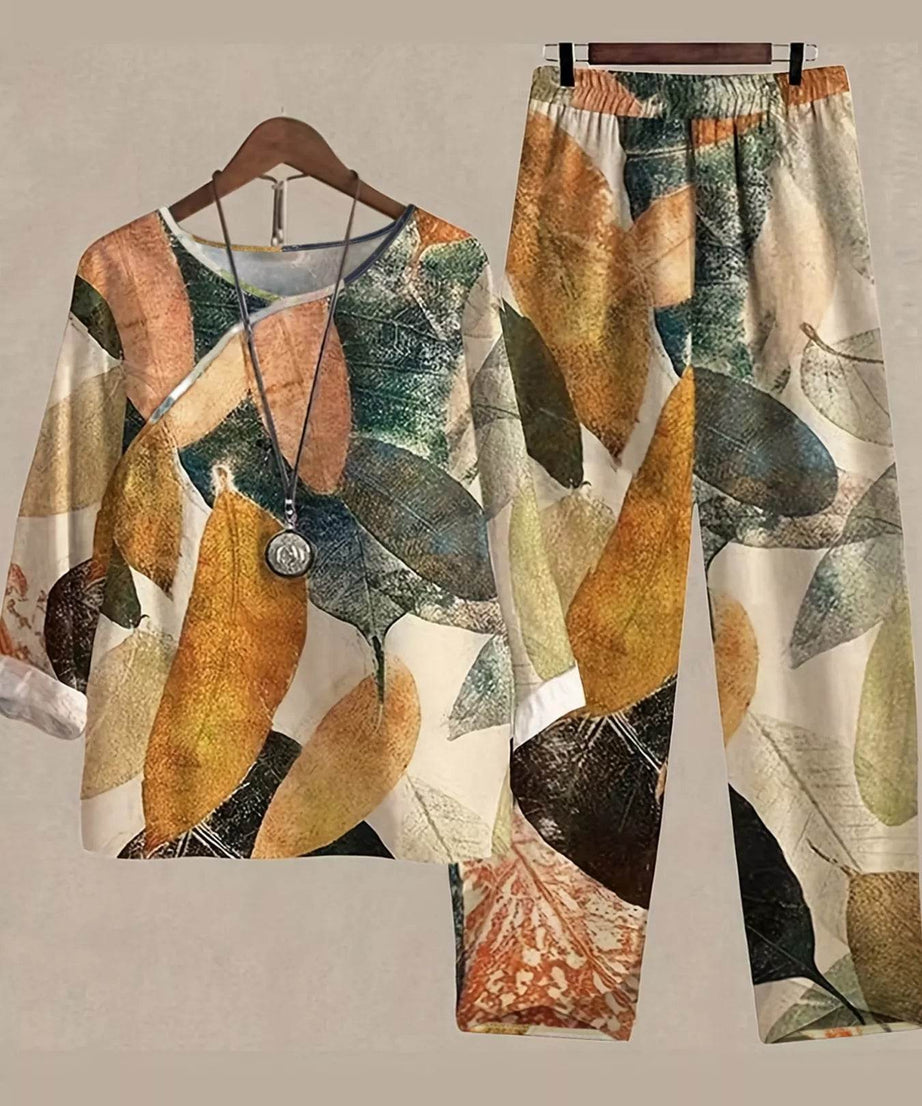 Printed Round Neck Long Sleeve Top and Pants Set - ELY VESSA LLC