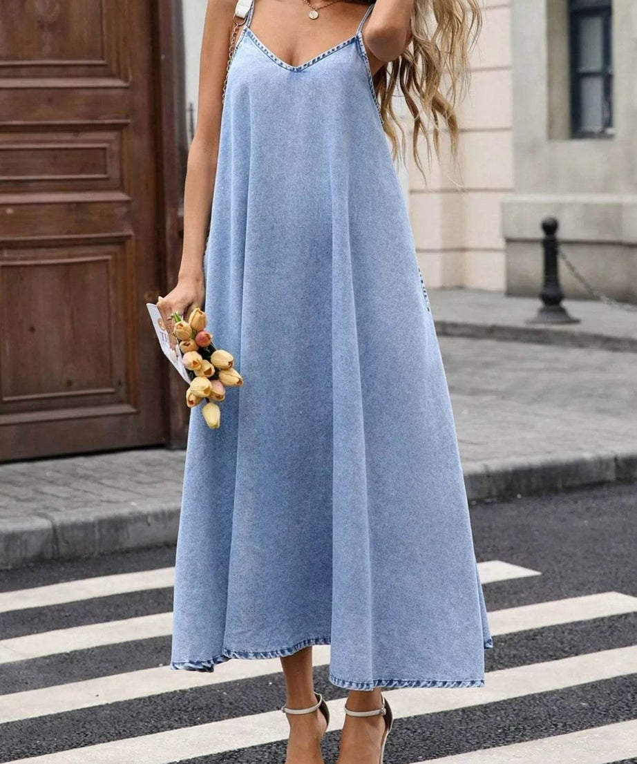 V-Neck Denim Cami Dress - ELY VESSA LLC