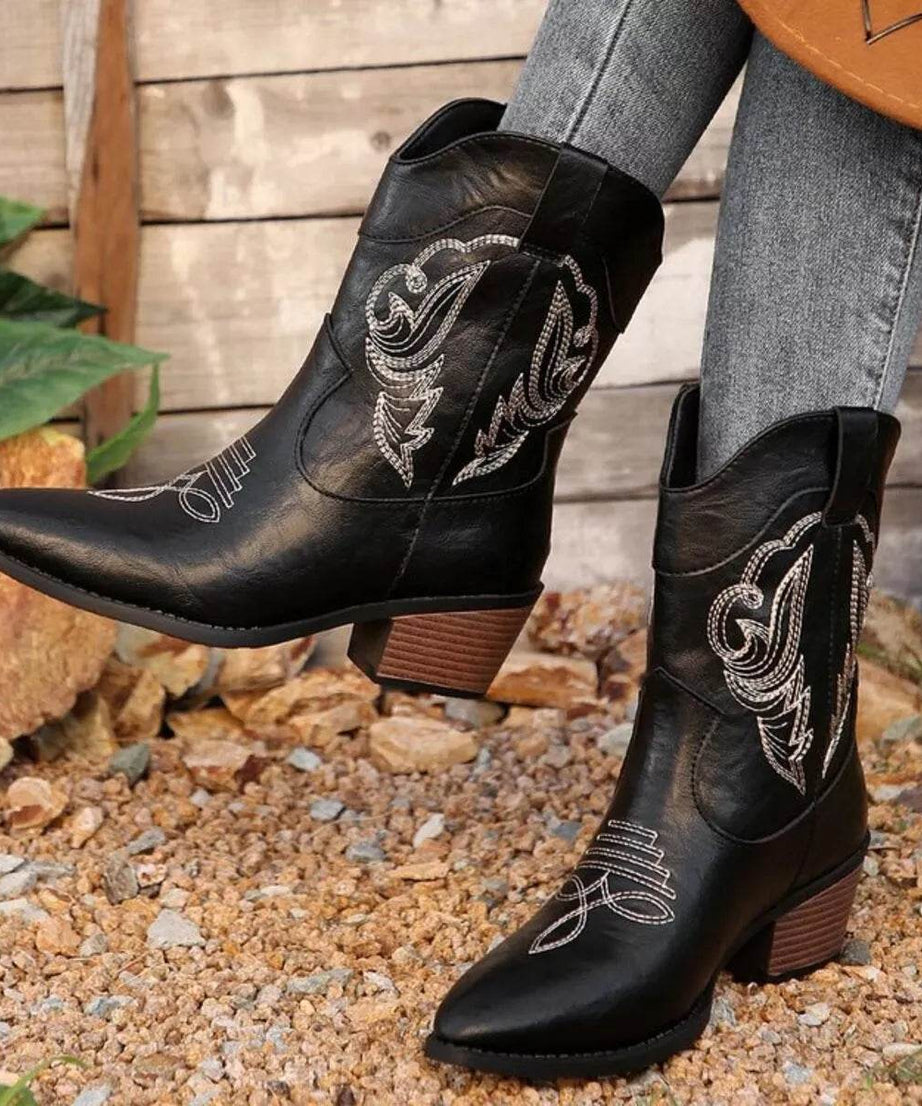 Western Cowboy Boots with Embroidered Design - ELY VESSA LLC