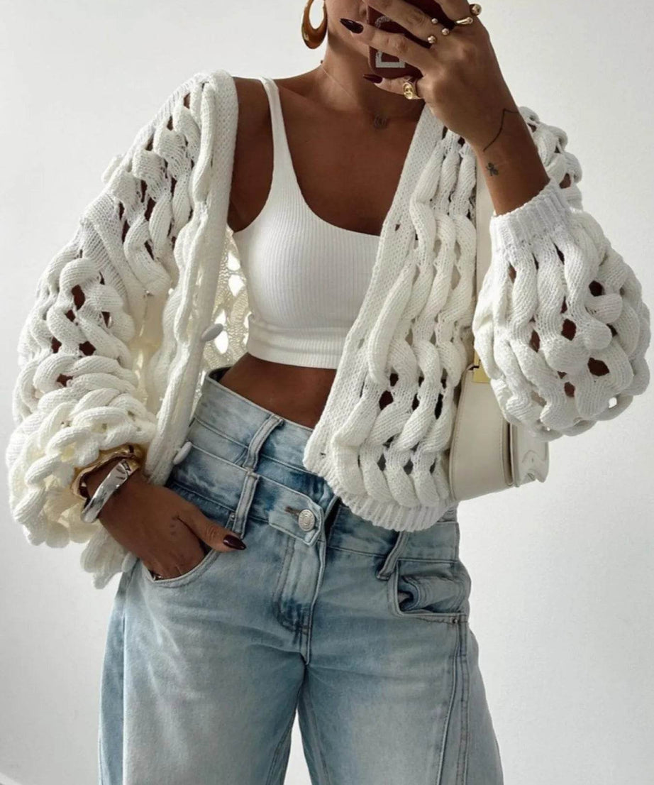 Crochet Button Up Cardigan - ELY VESSA LLC