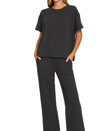 Zenana Slub Short Sleeve T-Shirt and Pants Set - ELY VESSA LLC